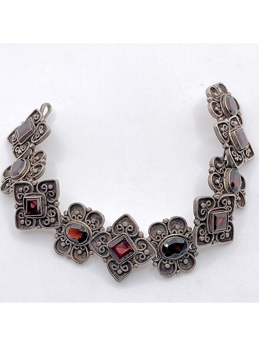 Vtg Sterling Garnet Floral Filigree Style Panel Bracelet 6”